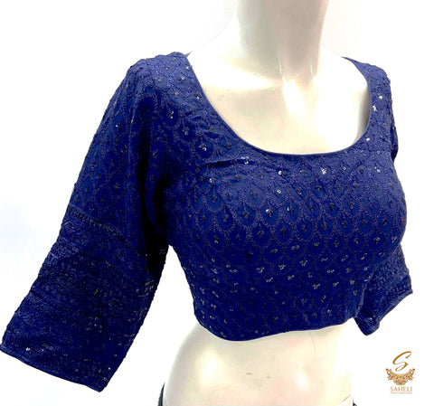 NEvi blue colour rayon based soft fabric with lakhnavi work with sequence design long sleeves blouse Size 44(upto 48)( Blouse L- 18inch , Sleeves L- 16 Back neck deep- 8.5)