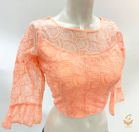 Pastel Peach colour soft embroidered netting With Sequence Design Long Sleeves Blouse Size 40(Upto 42)( Blouse L- 15inch , Sleeves L- 15.5 Back Neck Deep- 9)