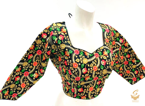 black Colour multicoloured Embroidered Design Long Sleeves Blouse Size 40(Upto 44)( Blouse L- 16inch , Sleeves L- 17 Back Neck Deep- 10.5)