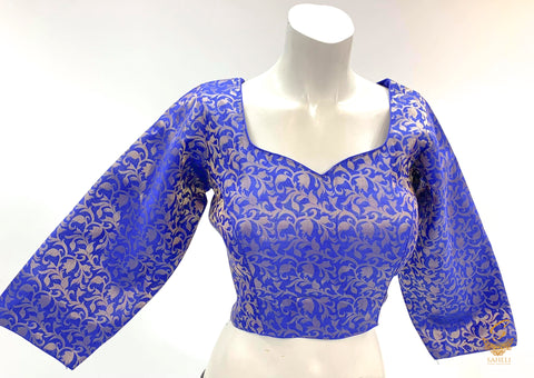 Royal blue colour banarsi brocade silk long sleeves blouse Size 40(upto 44)( Blouse L- 16 , Sleeves L- 16.5 Back neck deep- 9.5)
