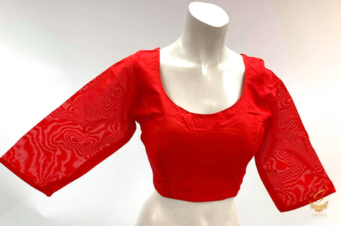 Red Colour plain raw silk Long Sleeves Blouse Size 40(Upto 42)( Blouse L- 15 inch , Sleeves L- 15 Back Neck Deep- 9.5)