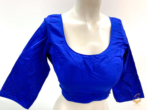 Royal blue Colour plain raw silk Long Sleeves Blouse Size 40(Upto 42)( Blouse L- 15 inch , Sleeves L- 15 Back Neck Deep- 9.5)