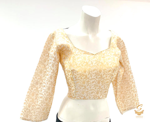 lite beige cream colour banarsi brocade silk long sleeves blouse Size 44(upto 48)( Blouse L- 16 , Sleeves L- 18 Back neck deep- 10)