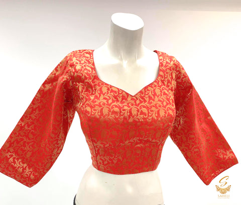 red colour banarsi brocade silk long sleeves blouse Size 44(upto 48)( Blouse L- 16 , Sleeves L- 18 Back neck deep- 10)