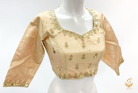 golden Colour mirror work shimmer silk Long Sleeves Blouse Size 40(Upto 42)( Blouse L- 14.5 inch , Sleeves L- 15.5 Back Neck Deep- 8)