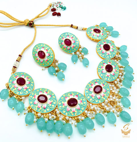 Sea green colour original meenakari work with pearls choker set