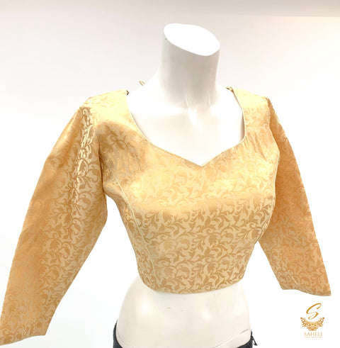 Golden colour banarsi brocade silk long sleeves blouse Size 40(upto 44)( Blouse L- 16 , Sleeves L- 16.5 Back neck deep- 9.5)