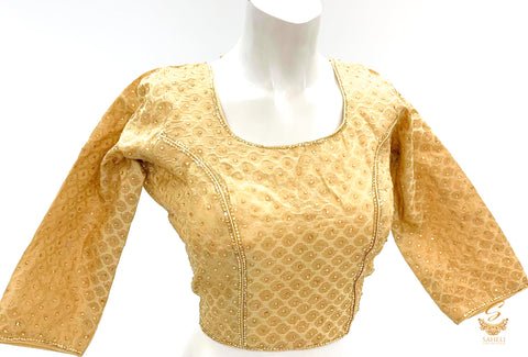 Golden Colour stone work brocade Long Sleeves Blouse Size 44(Upto 46)( Blouse L- 17 inch , Sleeves L- 17 Back Neck Deep- 9)