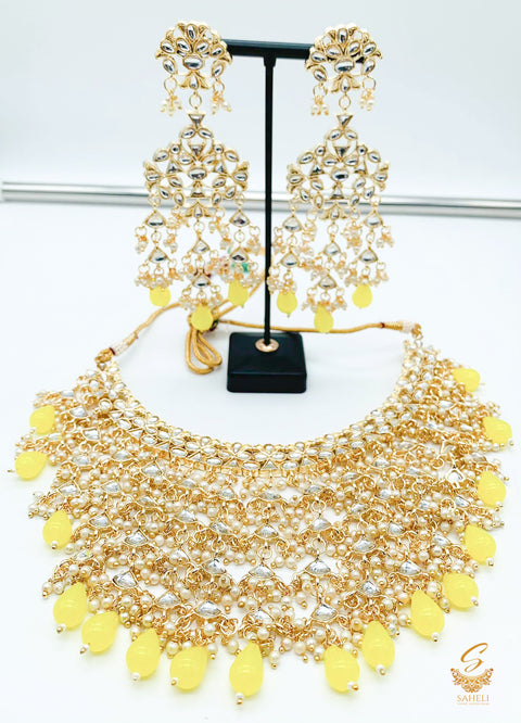 Yellow colour pearls with Kundan stone beautiful necklace set