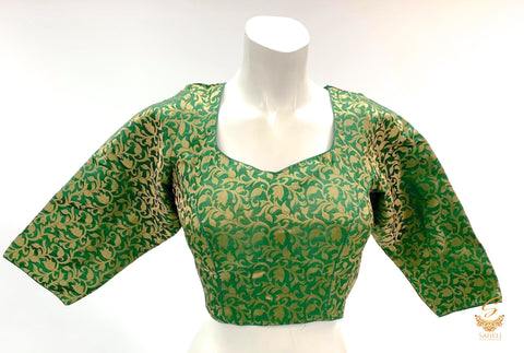bottle green  colour banarsi brocade silk long sleeves blouse Size 44(upto 48)( Blouse L- 16 , Sleeves L- 18 Back neck deep- 10)
