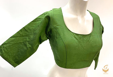 green Colour plain raw silk Long Sleeves Blouse Size 44(Upto 46)( Blouse L- 16 inch , Sleeves L- 15 Back Neck Deep- 9)