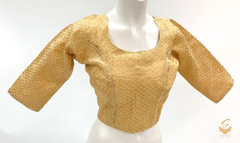 golden Colour stone work brocade Long Sleeves Blouse Size 40(Upto 42)( Blouse L- 16.5 inch , Sleeves L- 16 Back Neck Deep- 9)