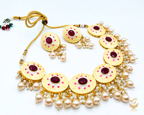 golden  colour original meenakari work with pearls choker set
