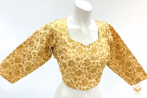 golden Colour Embroidered Design Long Sleeves Blouse Size 40(Upto 44)( Blouse L- 16inch , Sleeves L- 17 Back Neck Deep- 10.5)