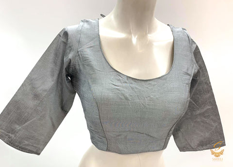 Grey Colour plain raw silk Long Sleeves Blouse Size 40(Upto 42)( Blouse L- 15 inch , Sleeves L- 15 Back Neck Deep- 9.5)