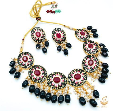 black colour original meenakari work with pearls choker set