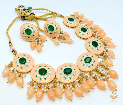 Peach colour original meenakari work with pearls choker set