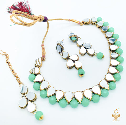 Mirror work with pastel lime green pearls beautiful necklace set