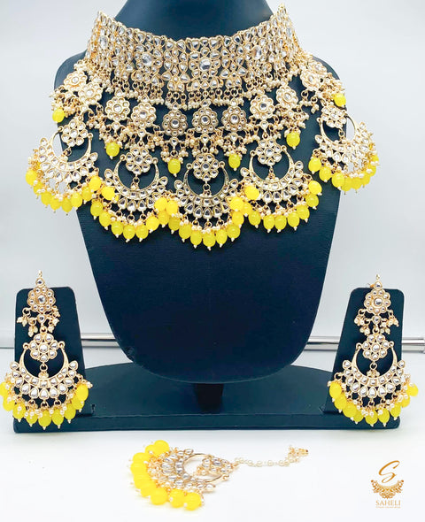 Polki and pearls jadau heavy necklace set  with yellow pearls