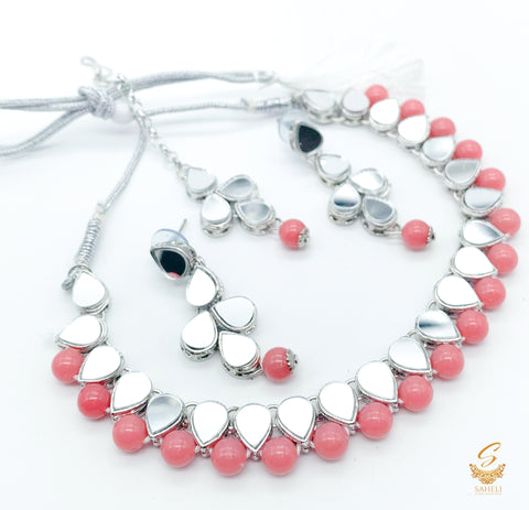 Mirror work with peachy pink pearls beautiful necklace set