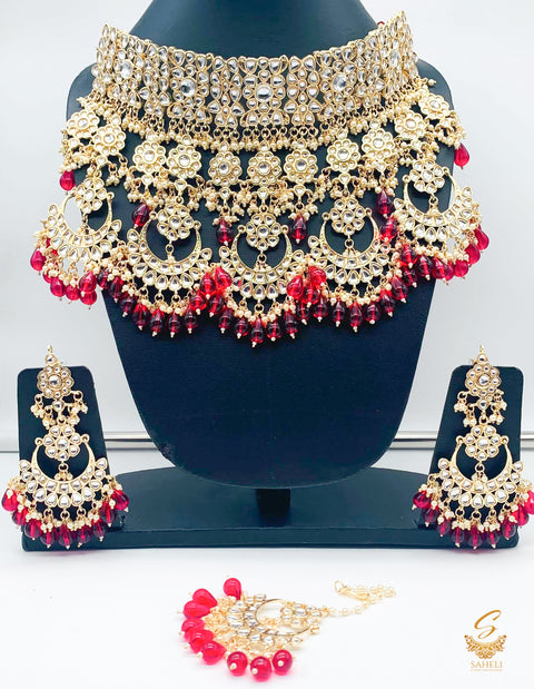 Polki and pearls jadau heavy necklace set  with ruby pearls