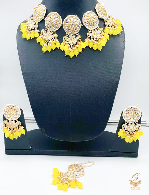 Polki and pearls jadau heavy necklace set  with yellow pearls