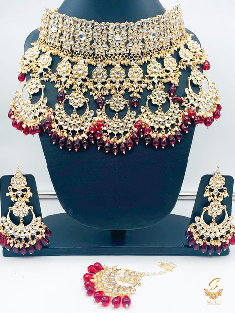 Polki and pearls jadau heavy necklace set  with dark maroon pearls