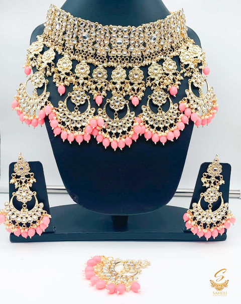 Polki and pearls jadau heavy necklace set  with baby pink  pearls
