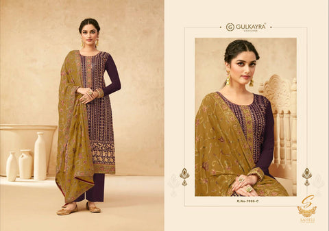 Size 42 (upto 44) Fully stitched Wine Colour georgette based all over embroidery work with sequined Kameez with dull santoon Plazo pent And heavy embroidery work Flaxen Yellow colour