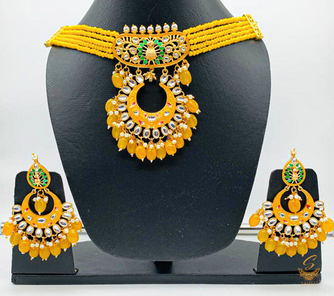 Mustard colour meenakari with dabi kundan beautiful choker necklace