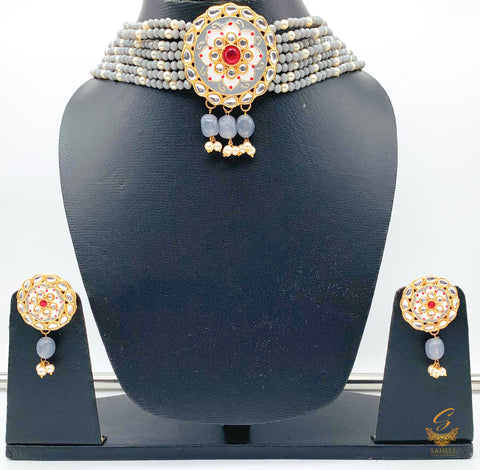 grey meenakari pendant choker necklace set