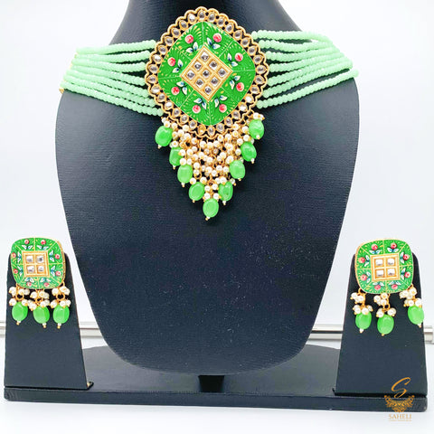 pastel mint green meenakari with kundan choker set