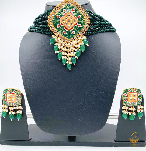 Dark bottle green meenakari with kundan choker set