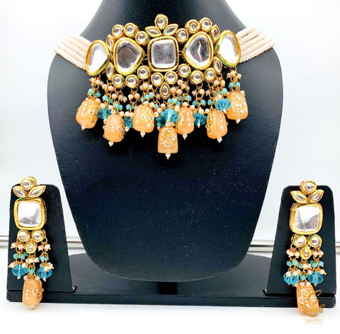 Large Uncut Polki Diamond Kundan Choker Necklace with peach stones pearls