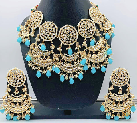 Dabi kundan choker set with 3 chandbali hangings with skyblue pearls