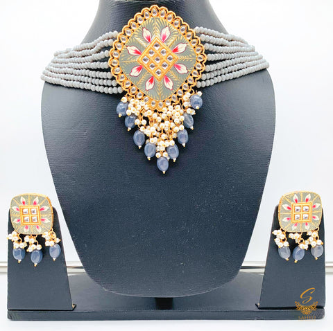 grey meenakari with kundan choker set