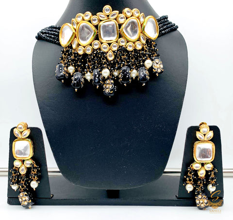 Large Uncut Polki Diamond Kundan Choker Necklace with black stones pearls