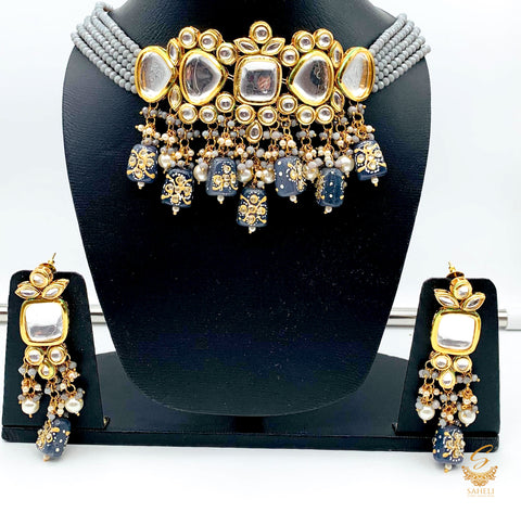 Large Uncut Polki Diamond Kundan Choker Necklace with grey stones pearls