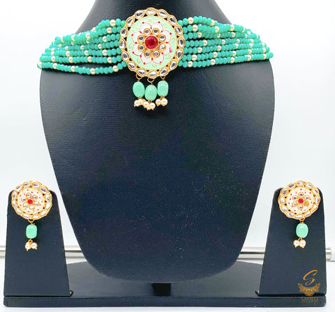 sea green meenakari pendant choker necklace set