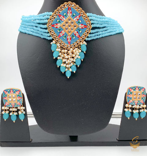 sky blue meenakari with kundan choker set