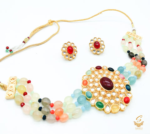 Multicoloured pearls with coloured kundan choker set