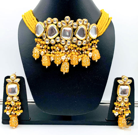 Large Uncut Polki Diamond Kundan Choker Necklace with mustard stones pearls