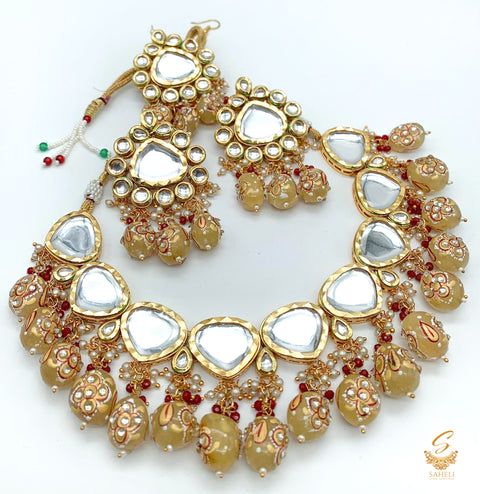 Large Uncut Polki Diamond Kundan & yellow gems stones pearls Choker Necklace With tikka & earrings