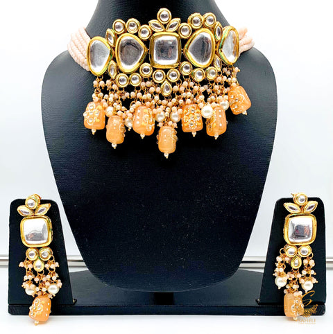 Large Uncut Polki Diamond Kundan Choker Necklace with peach stones pearls