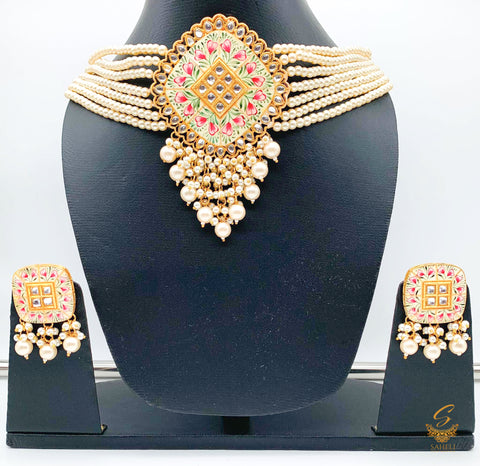 golden white  meenakari with kundan choker set