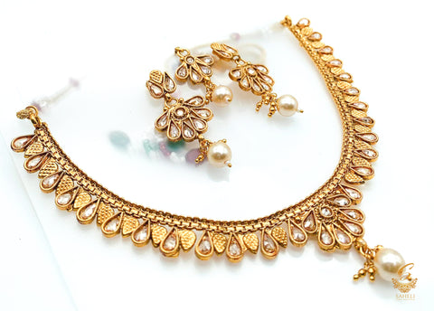 small size beautiful gold plated (artificial) necklace set with polki stone