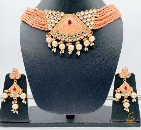Peach  pearls & meenkari work beautiful choker set with kundan stones