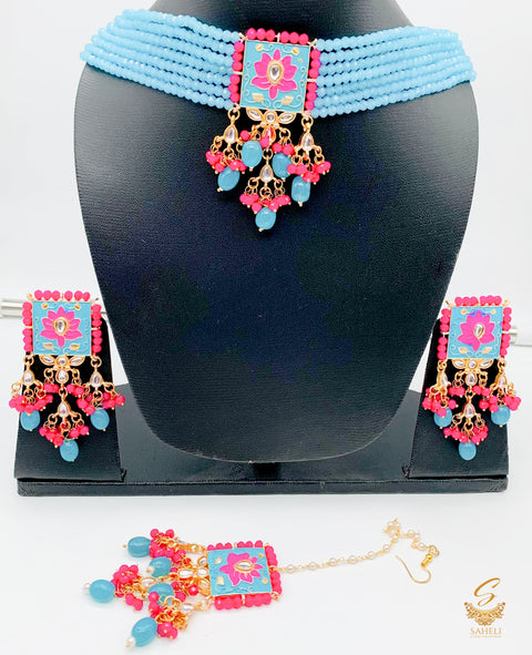 Sky blue & hot pink pearls & meenkari work & kundan stones beautiful choker set with tikka