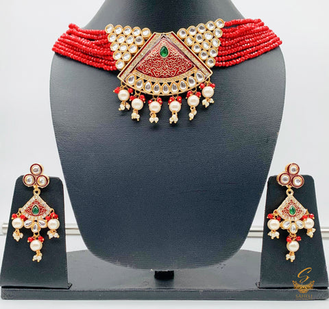 Maroon pearls & meenkari work beautiful choker set with kundan stones