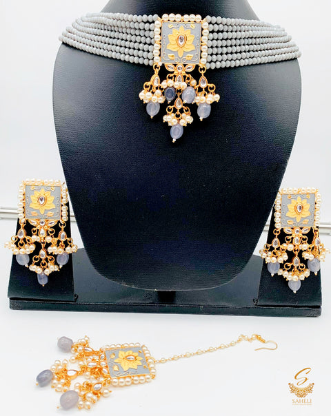 Grey pearls & meenkari work & kundan stones beautiful choker set with tikka
